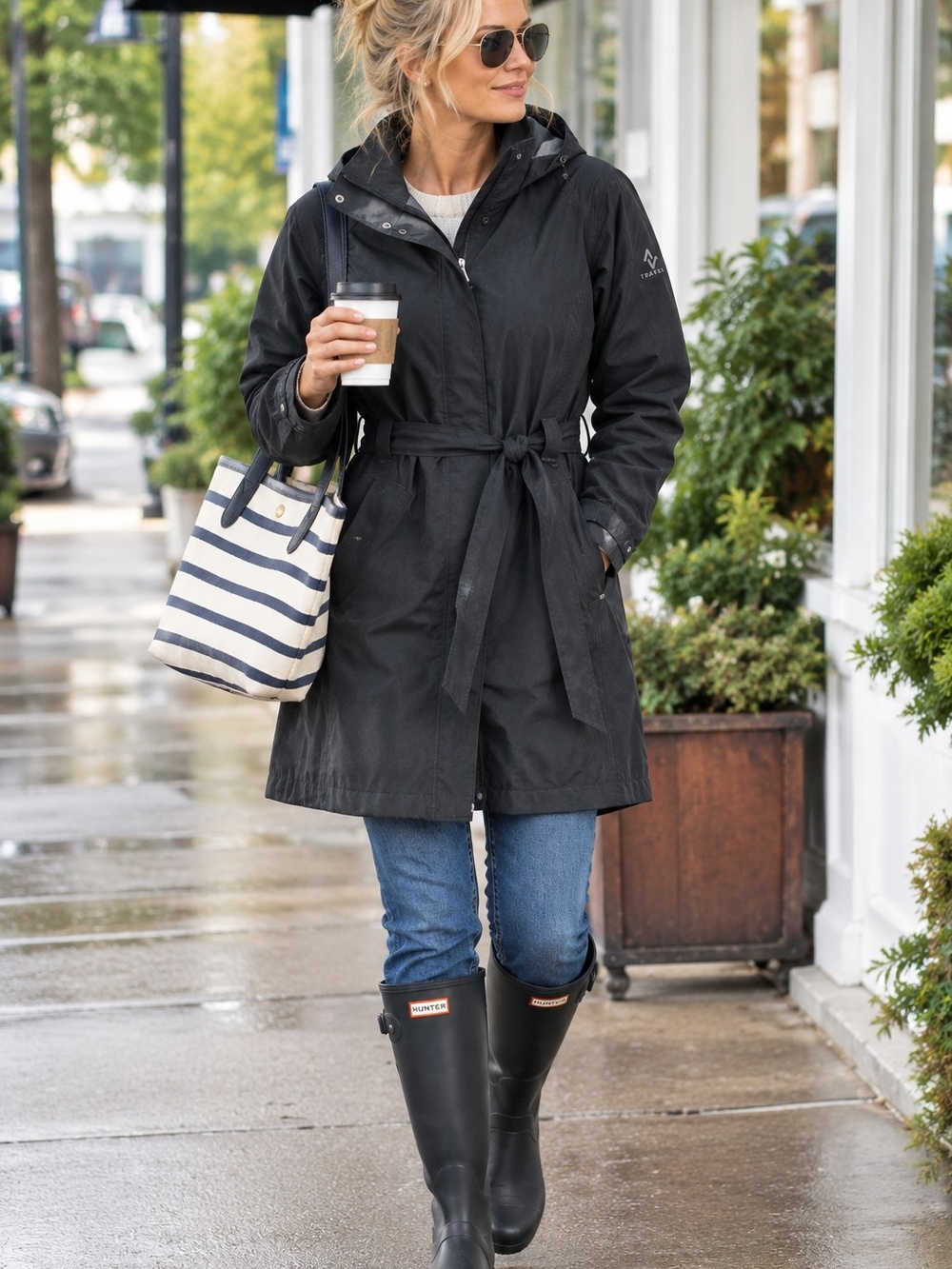 Eddie Bauer Black Tie-Waist Raincoat with Hood